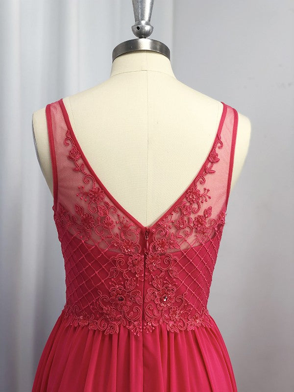 Vestido de noche de graduación de corte A/princesa, sin mangas, de gasa, con apliques y escote en V