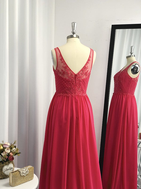 Vestido de noche de graduación de corte A/princesa, sin mangas, de gasa, con apliques y escote en V