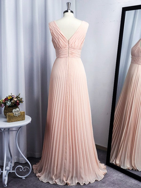Vestido de noche de graduación de corte A/princesa de gasa con escote en V, largo hasta el suelo, sin mangas y con volantes