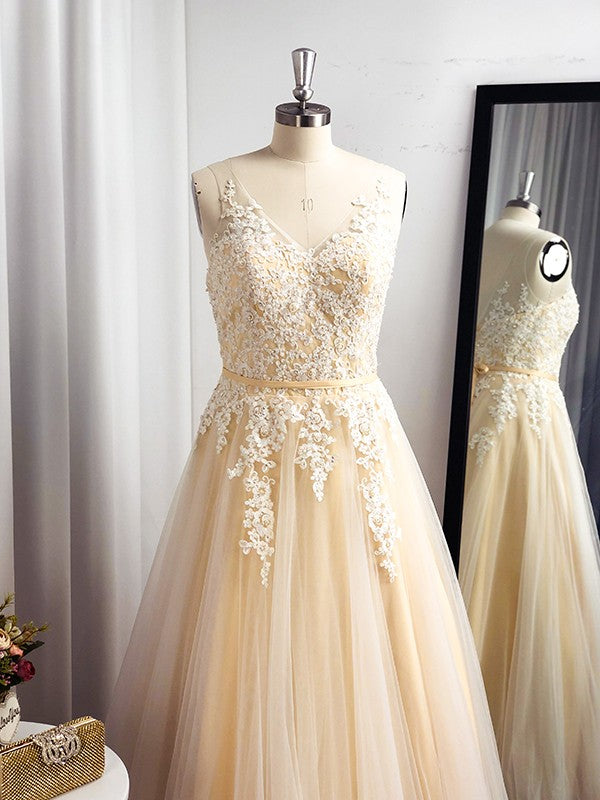 Vestido de noche de fiesta con corte A/princesa, sin mangas, con apliques de tul y tirantes hasta el suelo