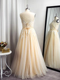 Vestido de noche de fiesta con corte A/princesa, sin mangas, con apliques de tul y tirantes hasta el suelo