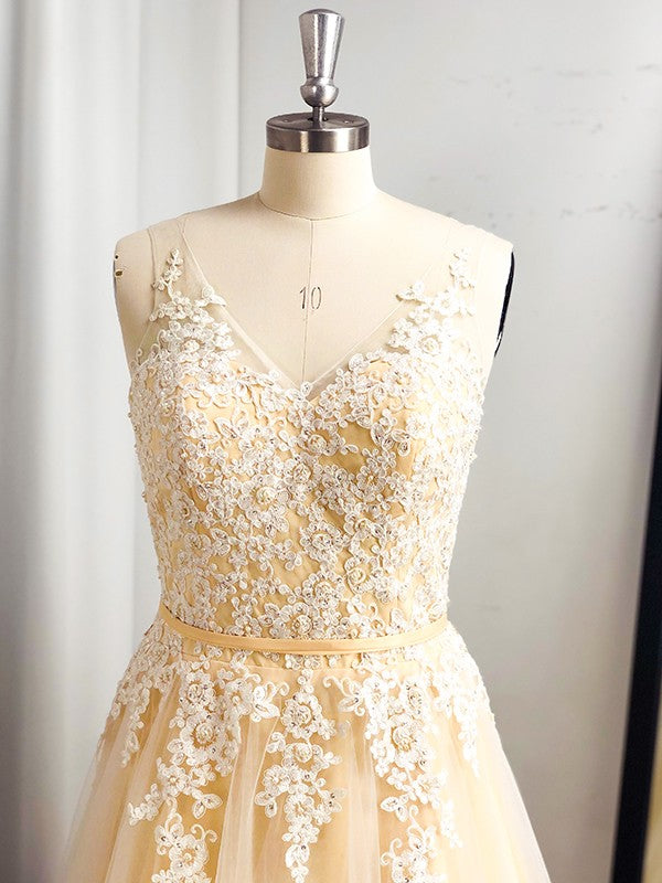 Vestido de noche de fiesta con corte A/princesa, sin mangas, con apliques de tul y tirantes hasta el suelo