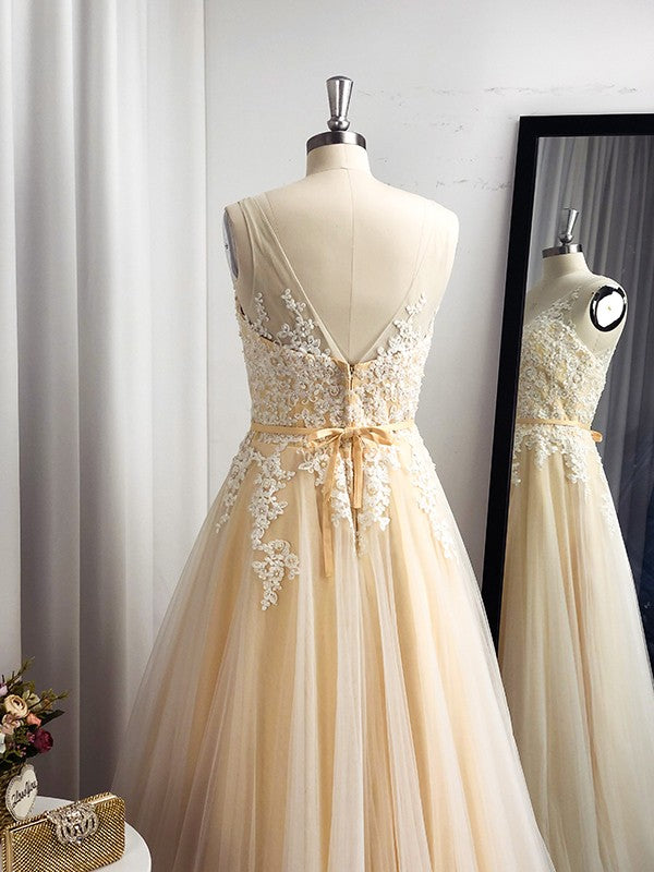 Vestido de noche de fiesta con corte A/princesa, sin mangas, con apliques de tul y tirantes hasta el suelo