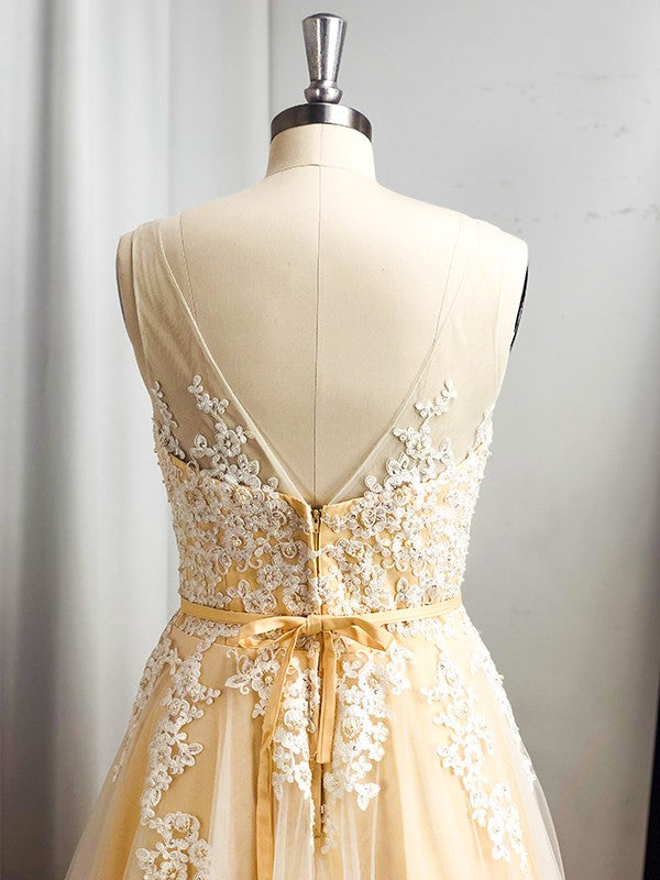 Vestido de noche de fiesta con corte A/princesa, sin mangas, con apliques de tul y tirantes hasta el suelo