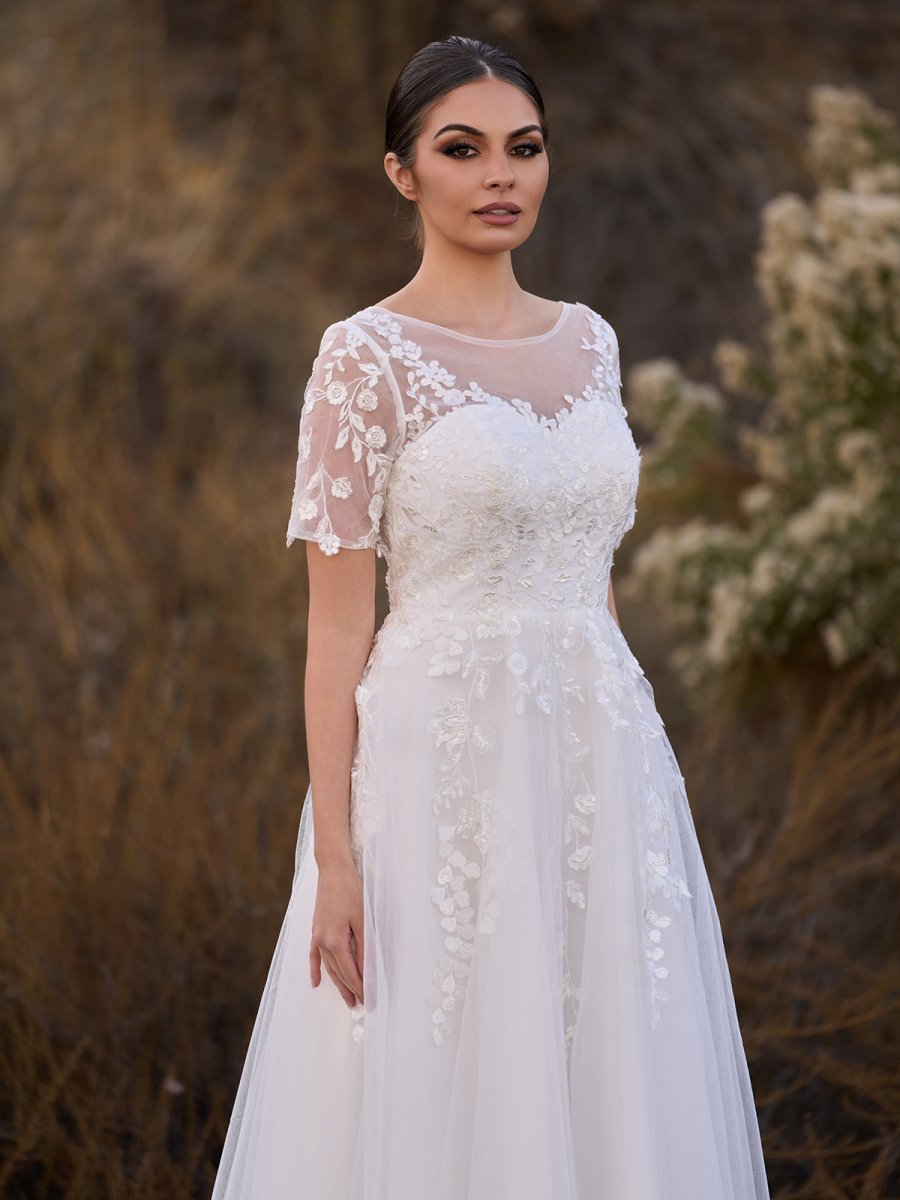 Tea Length Sleeves Ethereal Modern A-Line V-Neck Button Back Wedding Dress