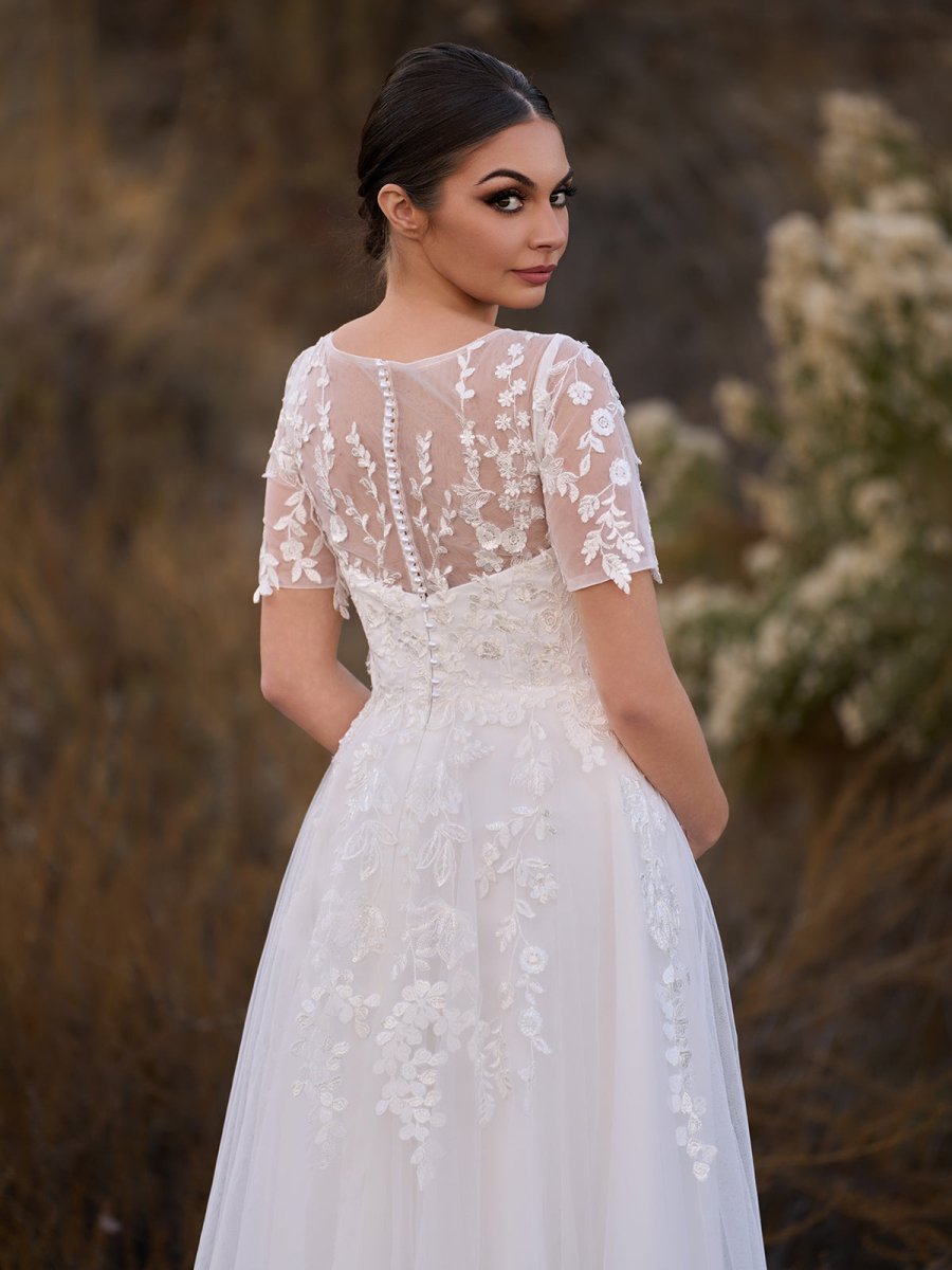 Tea Length Sleeves Ethereal Modern A-Line V-Neck Button Back Wedding Dress