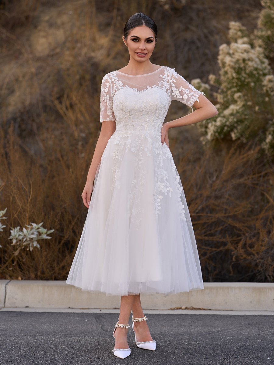 Tea Length Sleeves Ethereal Modern A-Line V-Neck Button Back Wedding Dress