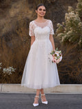 Tea Length Sleeves Ethereal Modern A-Line V-Neck Button Back Wedding Dress