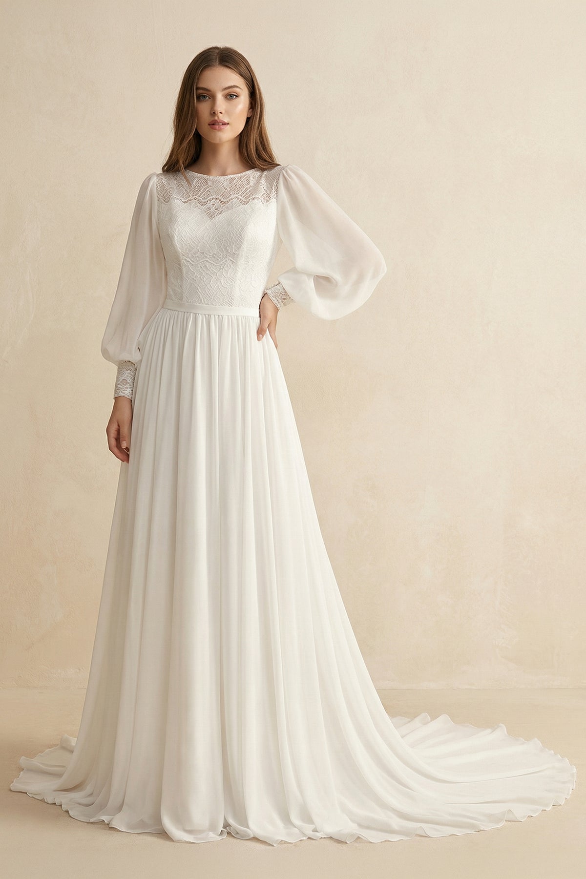 Modest Long Sleeve Casual Rustic A-Line Bateau Neck Wedding Dress Gowns with Train