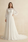 Modest Long Sleeve Casual Rustic A-Line Bateau Neck Wedding Dress Gowns with Train