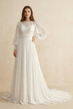 Modest Long Sleeve Casual Rustic A-Line Bateau Neck Wedding Dress Gowns with Train