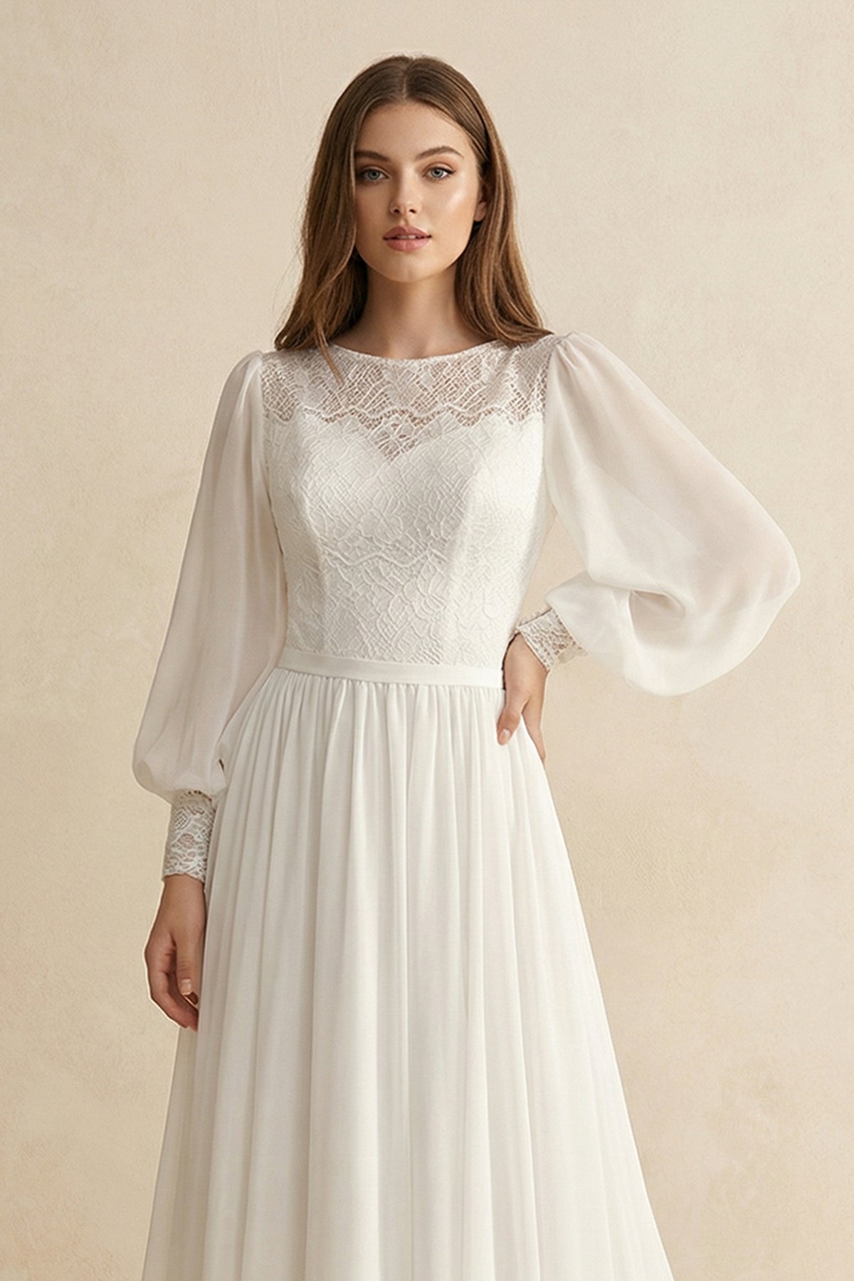 Modest Long Sleeve Casual Rustic A-Line Bateau Neck Wedding Dress Gowns with Train