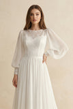 Modest Long Sleeve Casual Rustic A-Line Bateau Neck Wedding Dress Gowns with Train