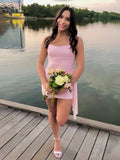 Pink - Sheath Strapless Pleated Short Homecoming Dresses With Train