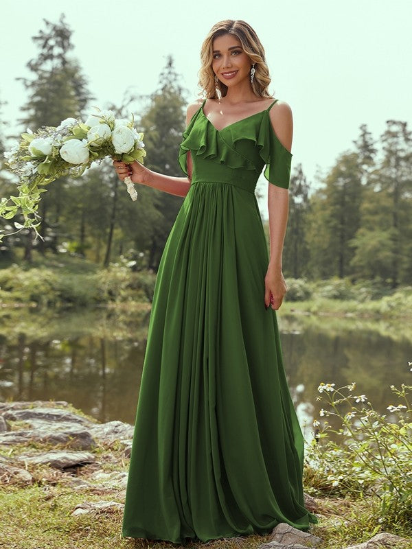 A-Line/Princess Chiffon Ruffles V-neck Sleeveless Floor-Length Bridesmaid Dresses Evening Prom Dress
