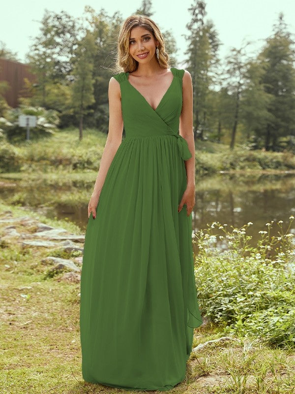 A-Line/Princess Chiffon Ruffles V-neck Sleeveless Floor-Length Bridesmaid Dresses Evening Prom Dress