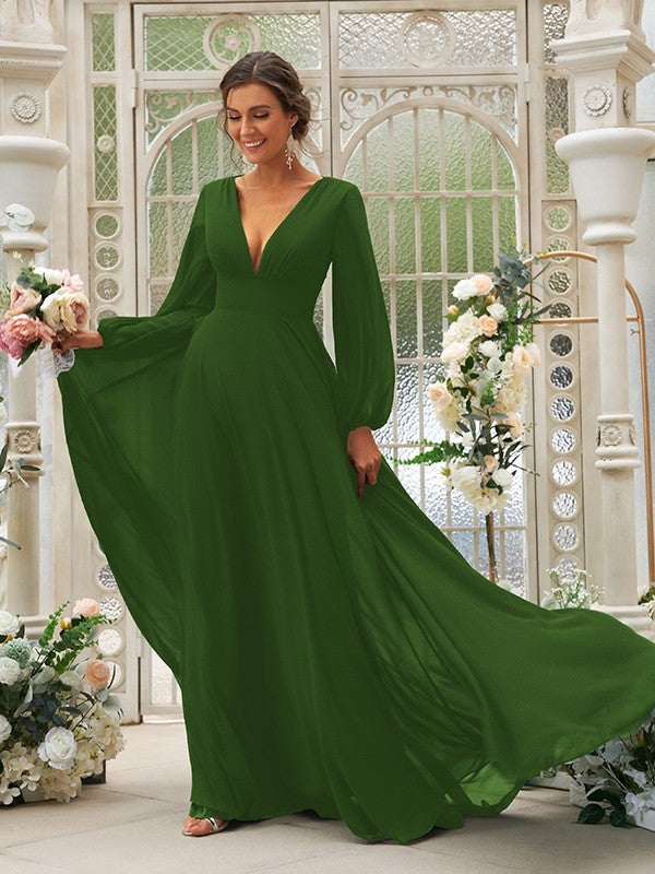 Vestido de dama de honor de corte A/princesa, de gasa, con volantes, escote en V, mangas largas y cola larga, vestido para madre de la novia
