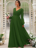 A-Line/Princess Chiffon Ruched V-neck Long Sleeves Floor-Length Bridesmaid Dresses Mother of the Bride Dress
