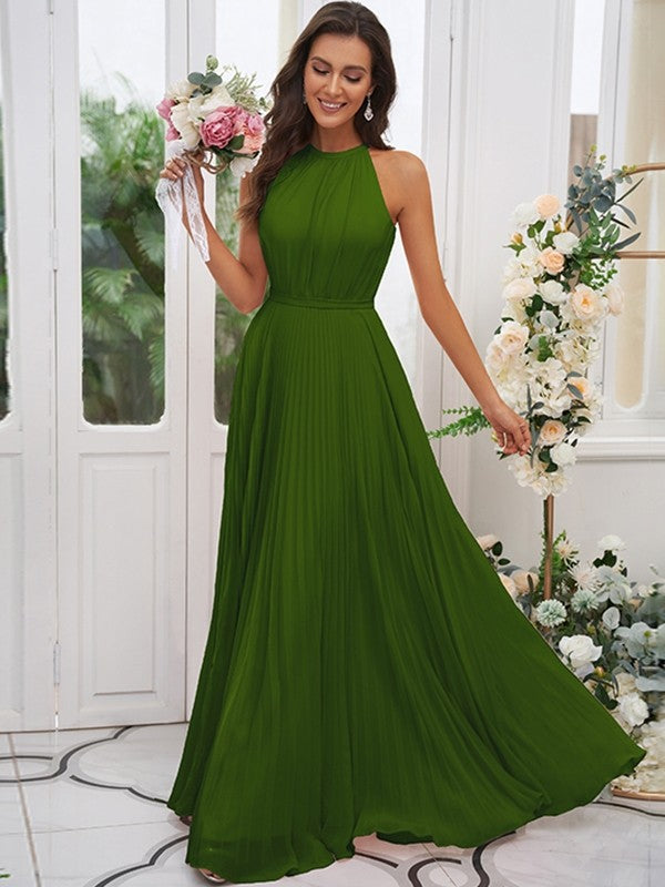 A-Line/Princess Chiffon Ruffles Halter Sleeveless Floor-Length Bridesmaid Dresses Evening Dress