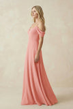 Off-the-Shoulder Chiffon A-Line Maxi Bridesmaid Dress in Mulberry