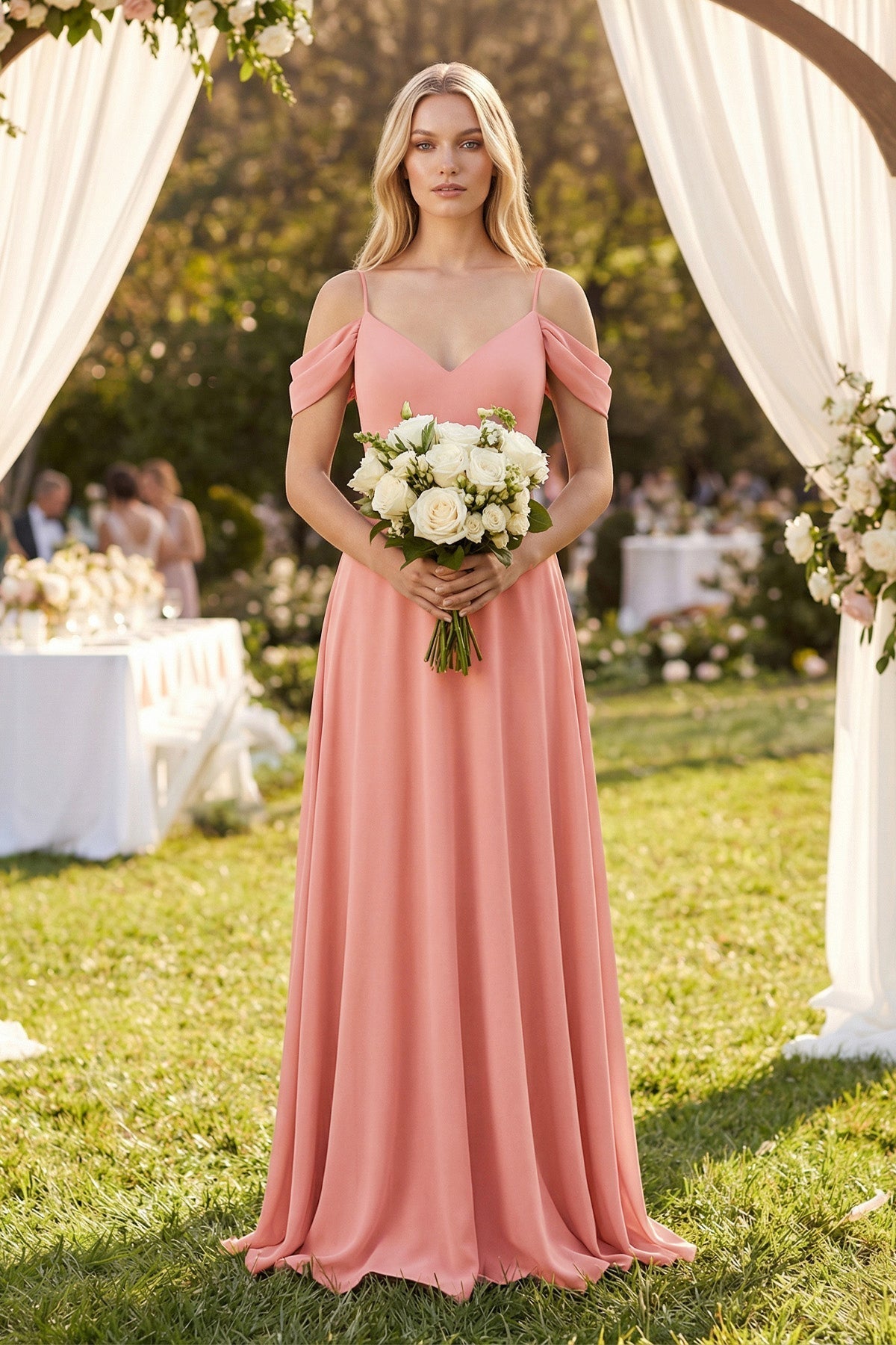 Off-the-Shoulder Chiffon A-Line Maxi Bridesmaid Dress in Mulberry