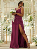 Sheath/Column Polyester Ruched Sweetheart Sleeveless Sweep/Brush Train Bridesmaid Dresses Evening Dress