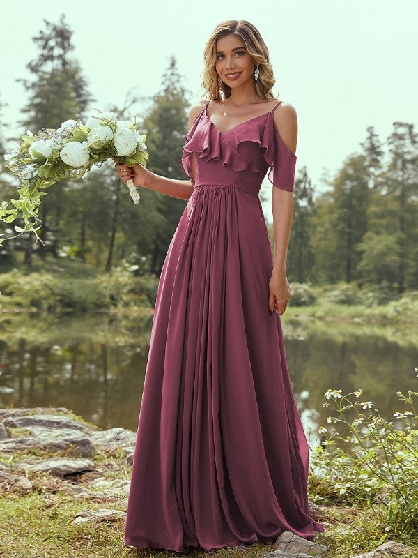 A-Line/Princess Chiffon Ruffles V-neck Sleeveless Floor-Length Bridesmaid Dresses Evening Prom Dress