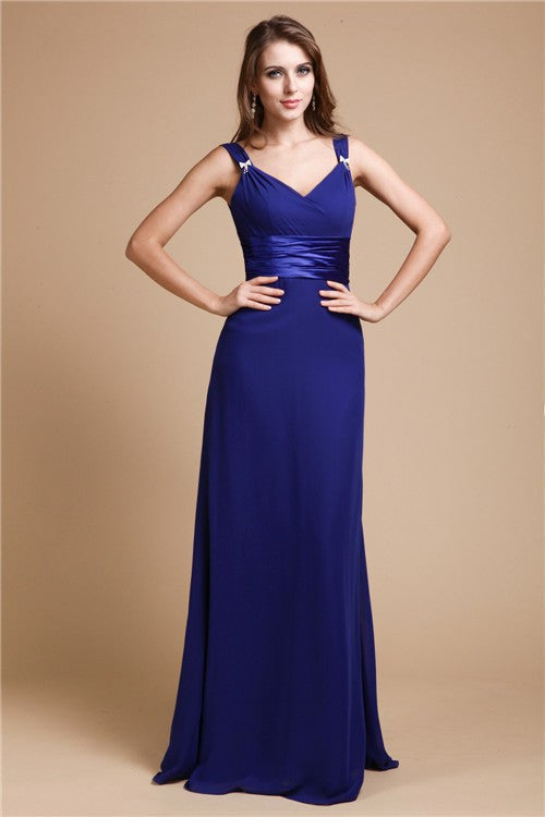 Sheath/Column V-neck Sleeveless Ruffles Long Chiffon Bridesmaid Dresses Evening Prom Dress