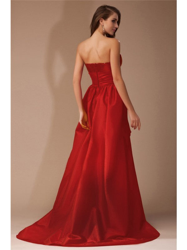 Vestido de fiesta de tafetán con corte A/princesa, sin tirantes, de encaje, sin mangas, alto bajo y bajo