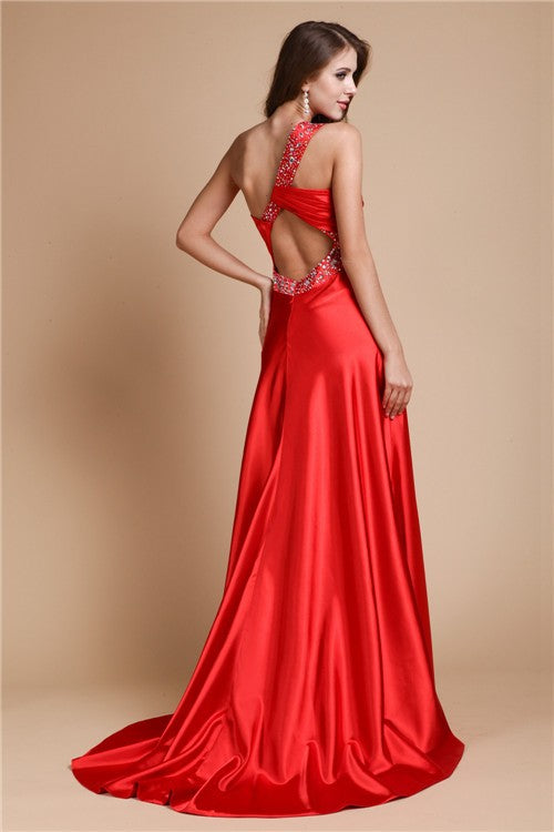 Vestido de noche de graduación de corte A/princesa, de un solo hombro, con abalorios, sin mangas, largo de satén tipo seda