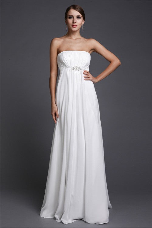 A-Line/Princess Strapless Sleeveless Beading Long Chiffon Bridesmaid Dresses Evening Prom Dress
