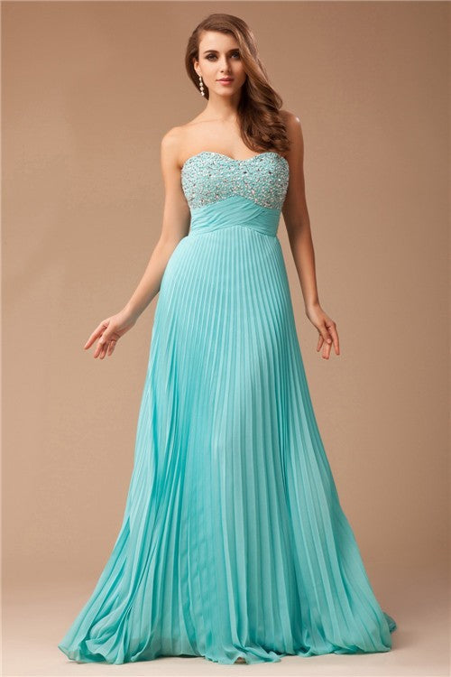 Vestido de noche de graduación con escote corazón, largo de gasa, sin mangas, con cuentas y plisado fruncido.