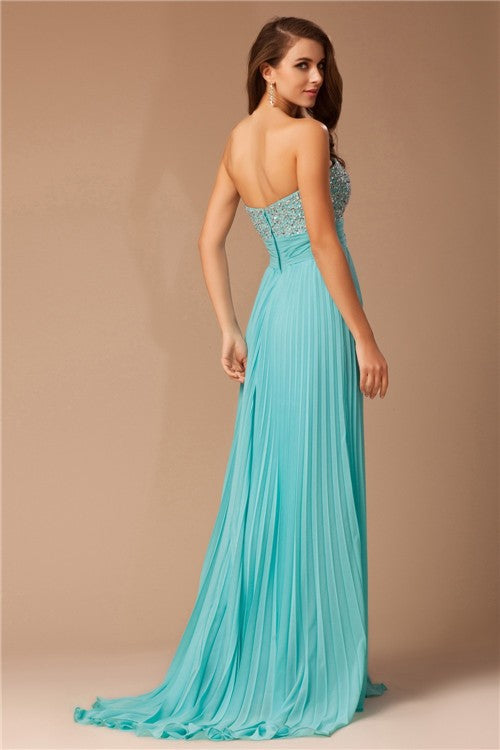 Vestido de noche de graduación con escote corazón, largo de gasa, sin mangas, con cuentas y plisado fruncido.
