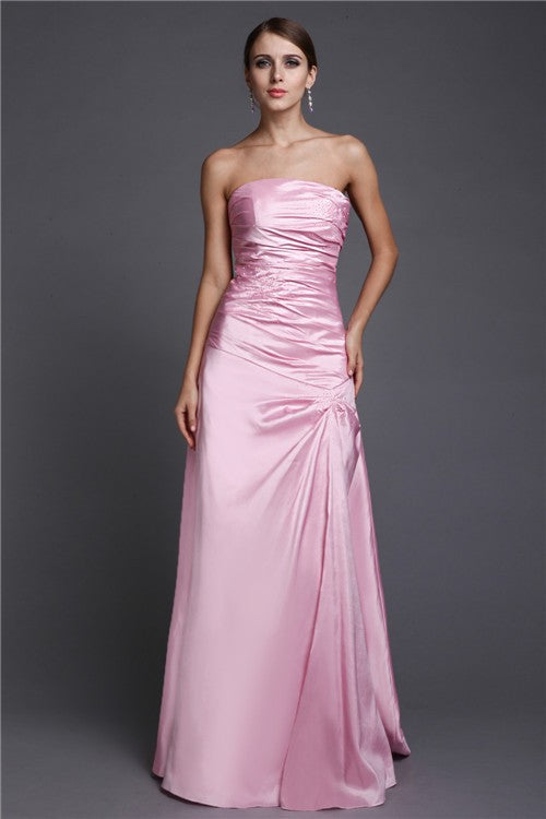 A-Line/Princess Strapless Long Beading Silk like Satin Dresses Prom Evening Dress
