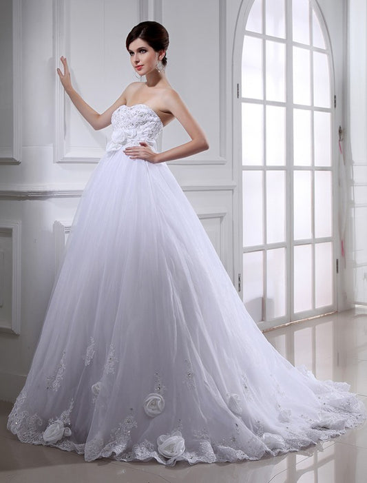 Ball Gown Beading Hand-made Flower Strapless Sleeveless Long Organza Wedding Dresses Bridal Gowns