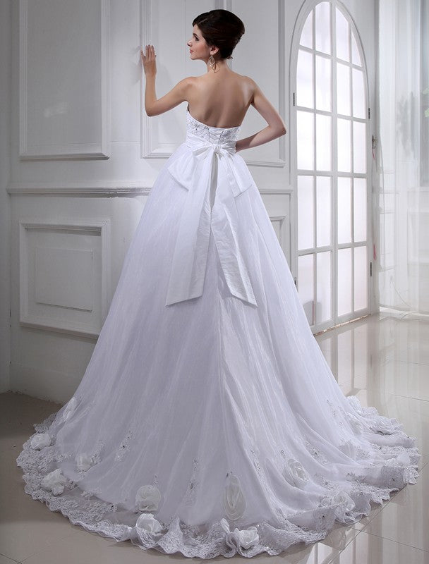 Ball Gown Beading Hand-made Flower Strapless Sleeveless Long Organza Wedding Dresses Bridal Gowns