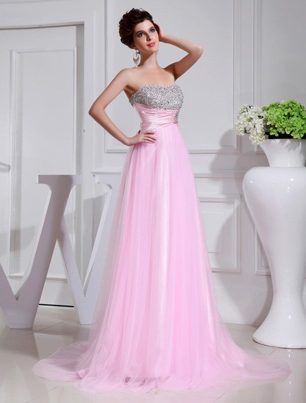 A-Line/Princess Beading Sleeveless Elastic Woven Satin Tulle Dresses Prom Evening Dress
