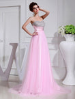 A-Line/Princess Beading Sleeveless Elastic Woven Satin Tulle Dresses Prom Evening Dress