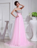 A-Line/Princess Beading Sleeveless Elastic Woven Satin Tulle Dresses Prom Evening Dress