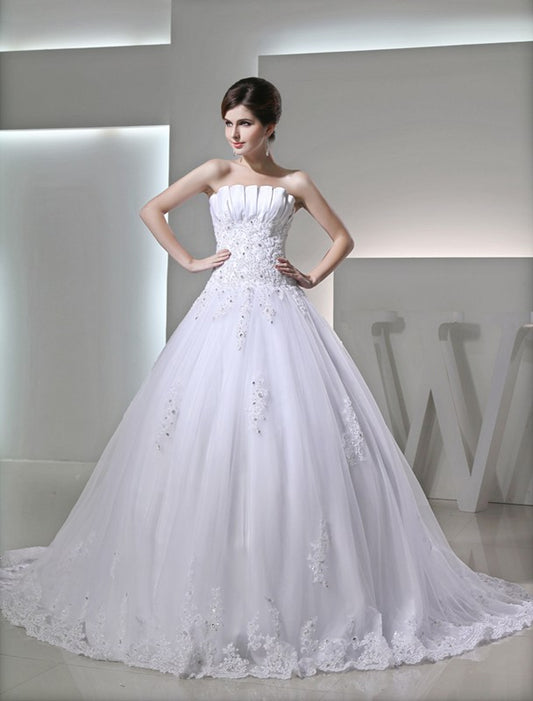 Ball Gown Beading Sleeveless Strapless Satin Applique Wedding Dresses Bridal Gowns