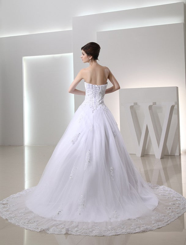 Ball Gown Beading Sleeveless Strapless Satin Applique Wedding Dresses Bridal Gowns