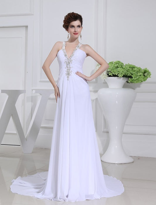 A-Line/Princess Beading V-neck Sleeveless Chiffon Wedding Dresses Bridal Gowns