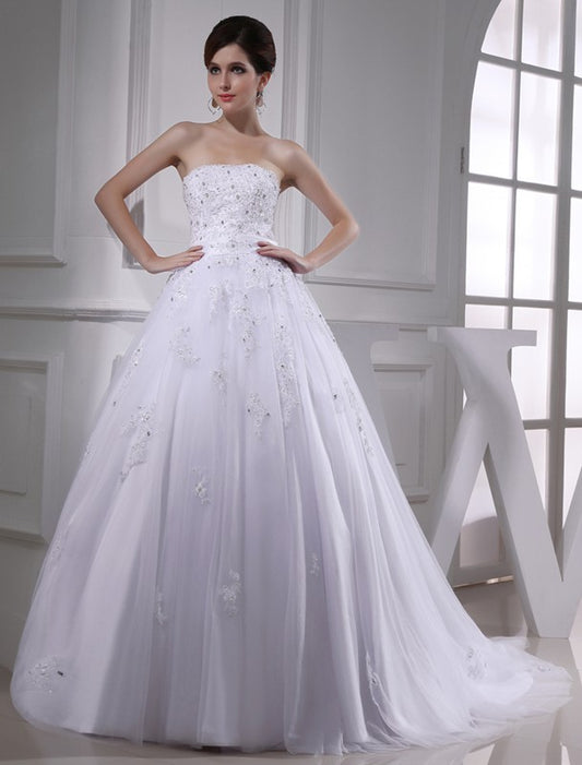 Ball Gown Beading Strapless Sleeveless Applique Satin Tulle Wedding Dresses Bridal Gowns