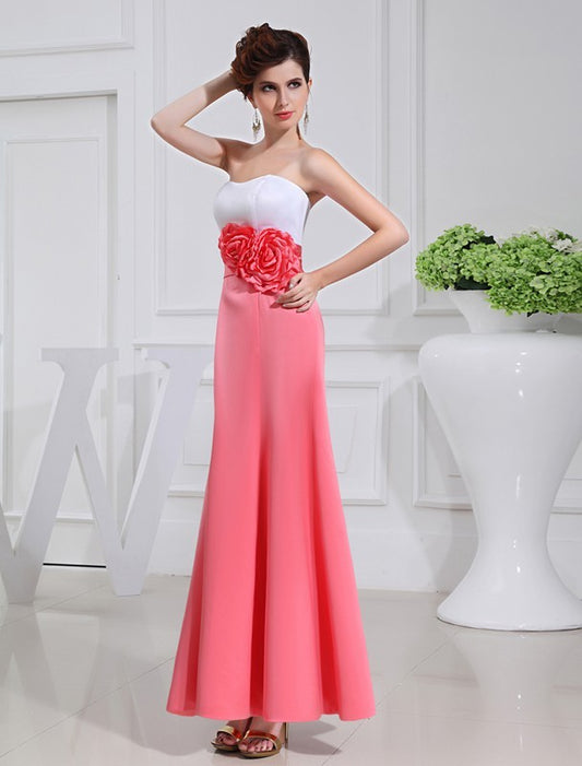 A-Line/Princess Hand-made Flower Sleeveless Satin Long Bridesmaid Dresses Formal Evening Dress