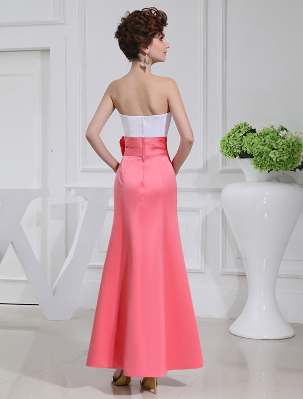 A-Line/Princess Hand-made Flower Sleeveless Satin Long Bridesmaid Dresses Formal Evening Dress