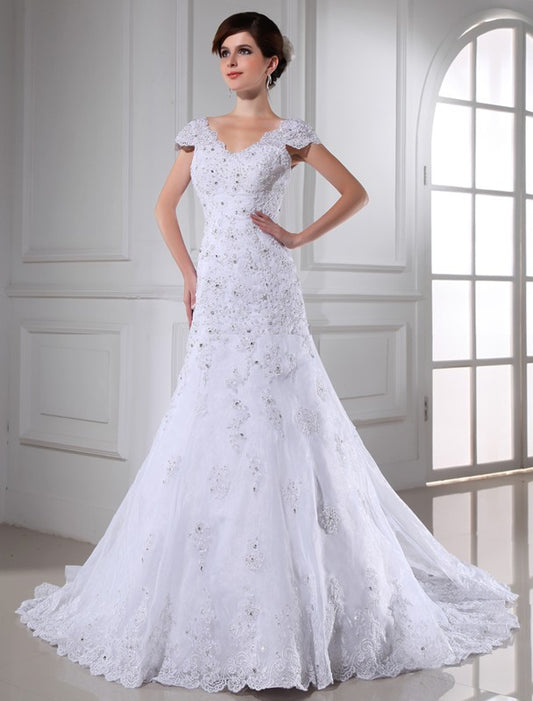 A-Line/Princess V-neck Beading Sleeveless Long Organza Wedding Dresses Bridal Gowns