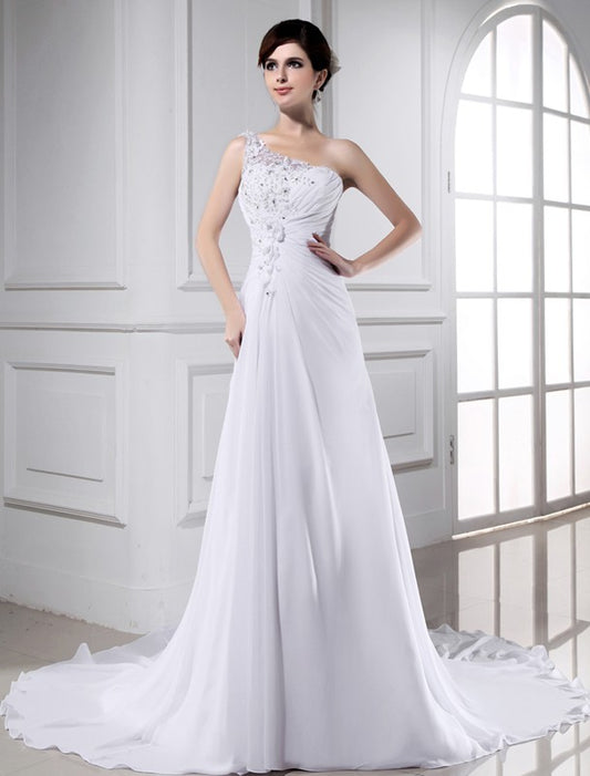 A-Line/Princess Beading One-shoulder Sleeveless Long Chiffon Wedding Dresses Bridal Gowns