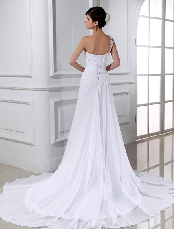 A-Line/Princess Beading One-shoulder Sleeveless Long Chiffon Wedding Dresses Bridal Gowns