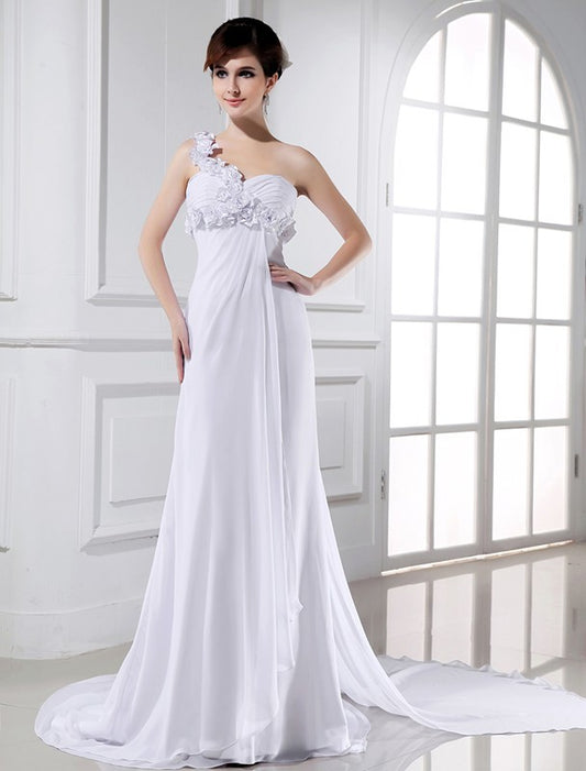 A-Line/Princess One-shoulder Beading Hand-made Flower Sleeveless Chiffon Wedding Dresses Bridal Gowns