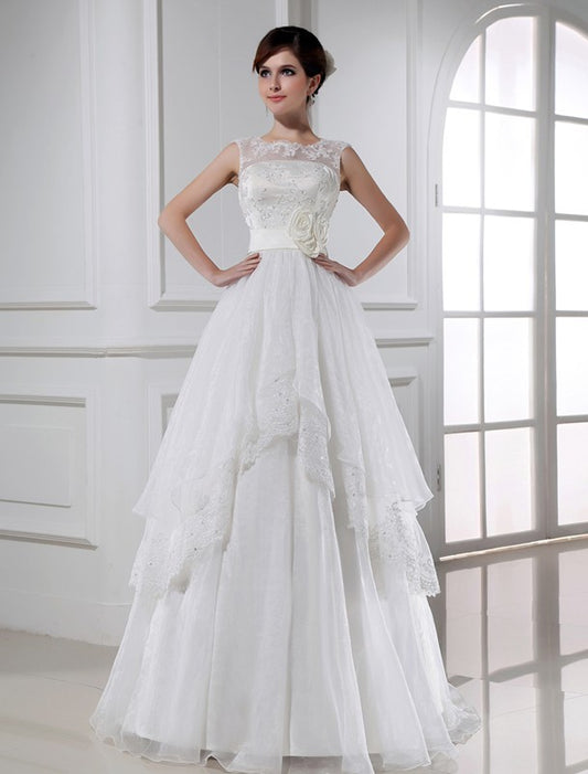 A-Line/Princess Beading Sleeveless Long Lace Organza Wedding Dresses Bridal Gowns